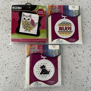 Bucilla Janlynn Lot of 3 Mini Cross Stitch Kits Flower Owl, Believe & Doggy